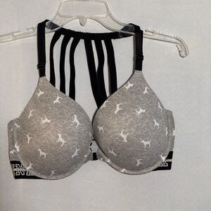 PINK Victoria’s Secret Every Wear Push Up Bra Gray Dog Print Racerback 36DD